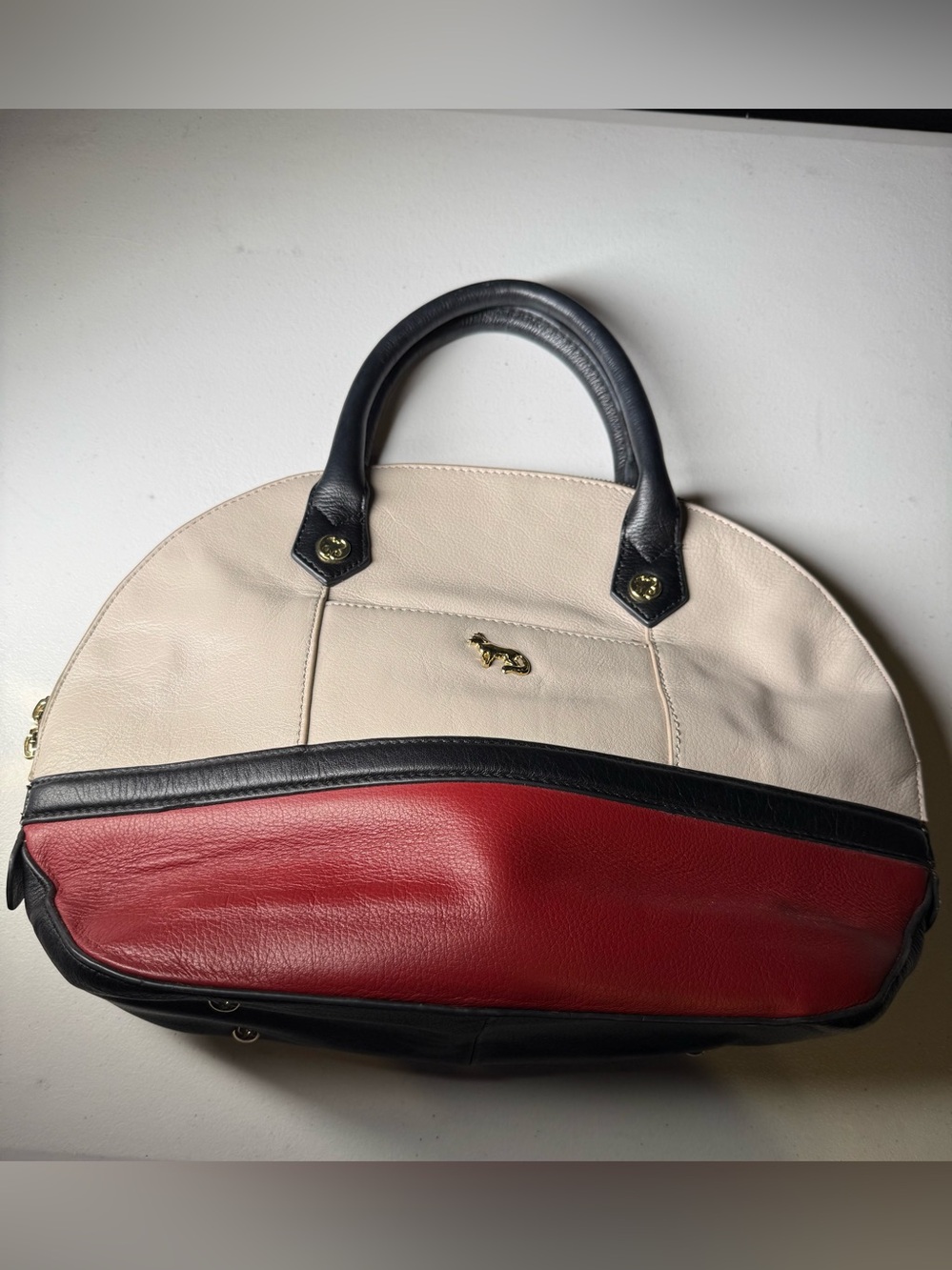 Emma Fox Classic Leather Cream and Red Dome Satchel with Navy Trim
